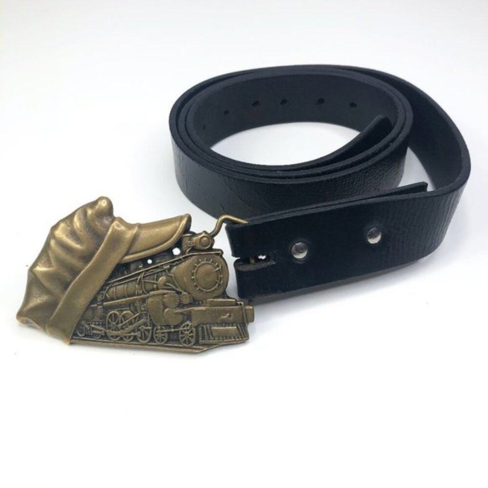 Vintage Black Leather Train Belt & Buckle